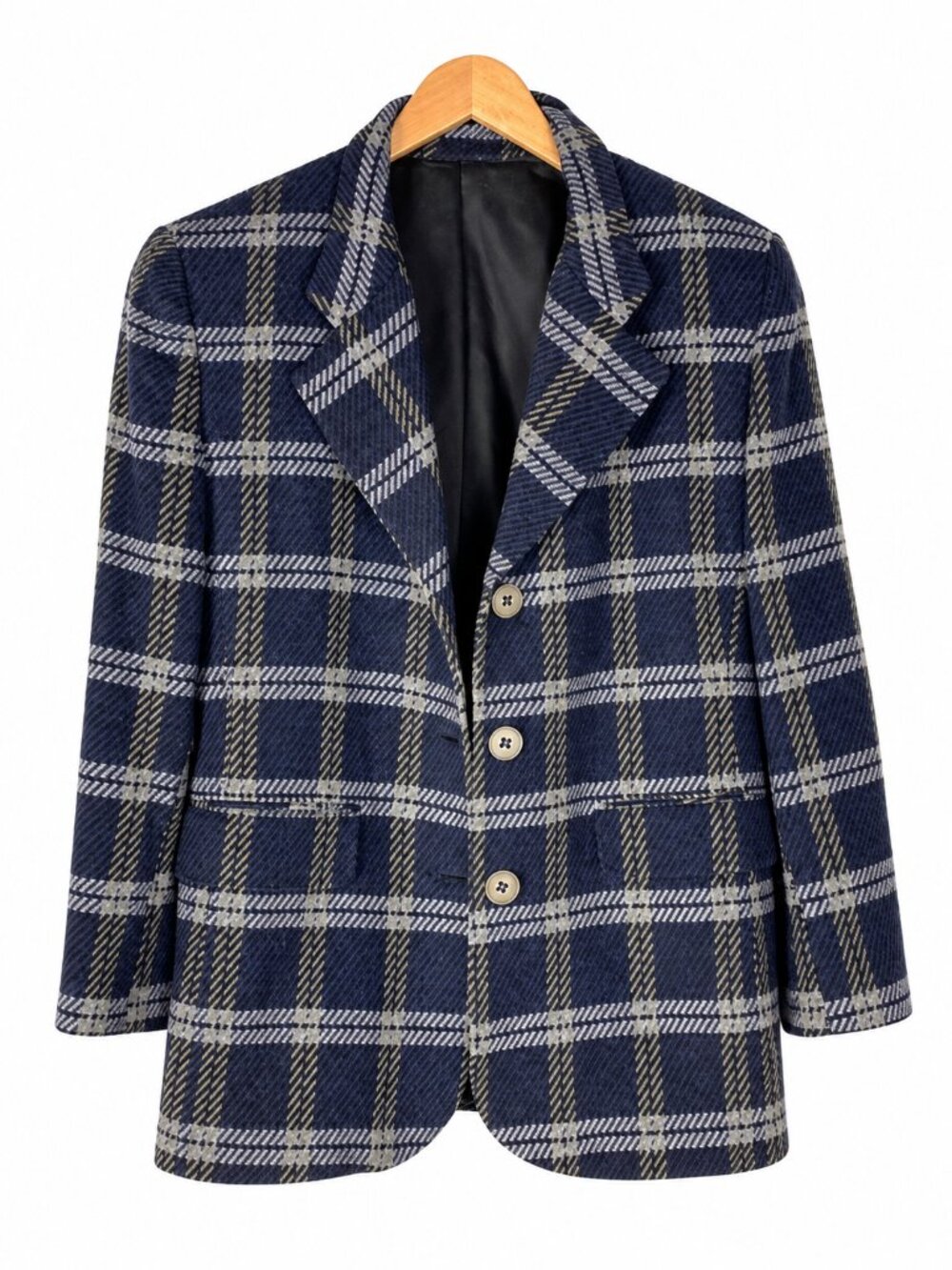 VTG 90s Rafael Wool Blend Tweed Boyfriend Blazer Women Size 10 Navy Plaid USA